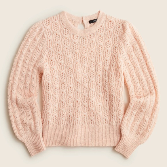 J. Crew Balloon Sleeve Eyelet Cable Knit Sweater in Peach Alpaca Blend - Picture 2 of 9